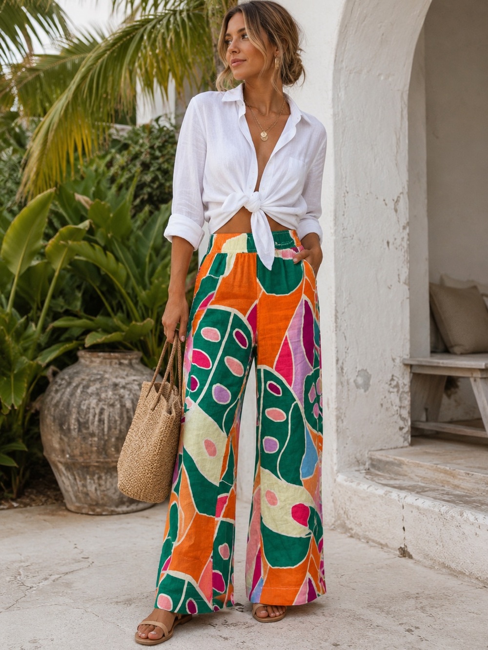 Christian Siriano 100% Linen Tropical Abstract Wide Leg Pants Sz Small